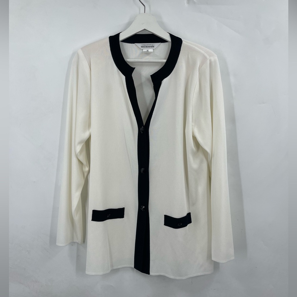 Misook Blazer Black and White Knit Button Up Jacket Size Medium Long Lined